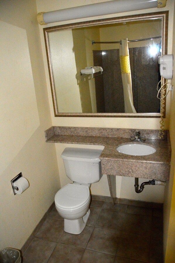 Une salle de bain avec des toilettes, un lavabo et un miroir.