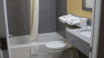 Combined shower/tub, deep soaking tub, hair dryer, towels