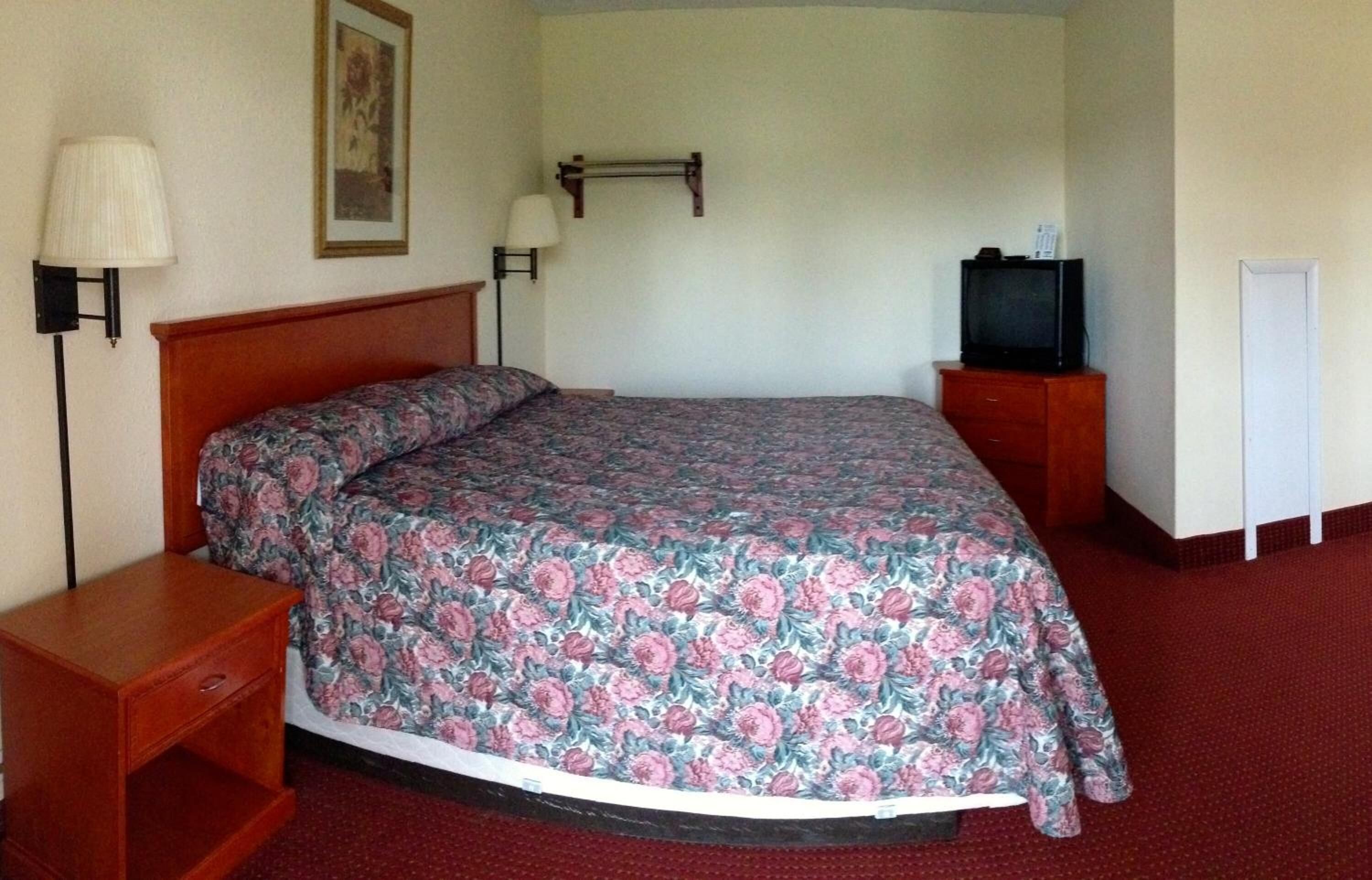 A hotel room with a single bed, a nightstand, a TV on a stand, and a wall-mounted lamp.