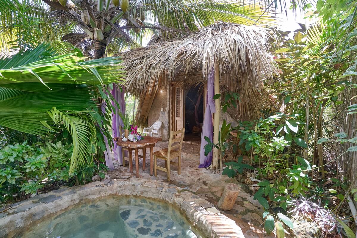 A thatched-roof hut with a stone pool, surrounded by lush greenery and a small table with chairs.