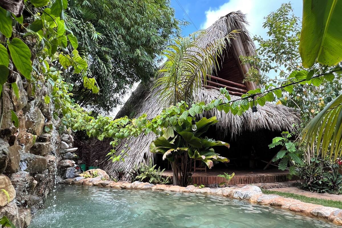 A tropical garden with a thatched-roof hut, a small pond, and lush greenery.
