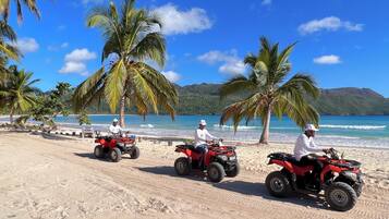 A beach with three red ATVs parked on the sand, palm trees, and a clear blue sky.
