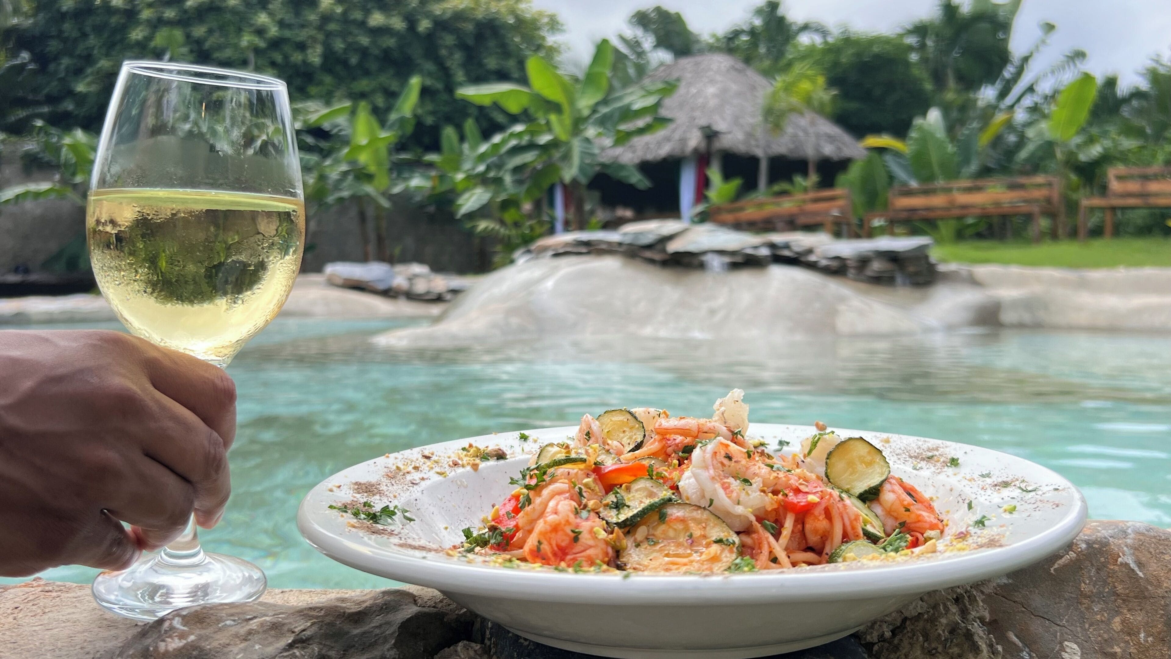 Taula de menjador amb un plat de menjar i un got de vi blanc, amb un paisatge de piscina i vegetació tropical de fons.