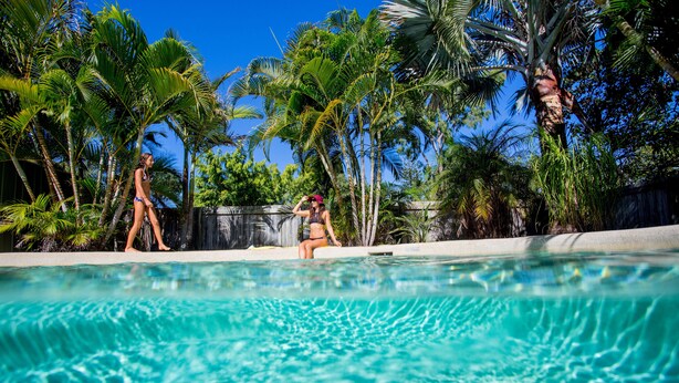Une piscine à l’eau d’un bleu cristallin, entourée de palmiers et d’un mur de pierre.