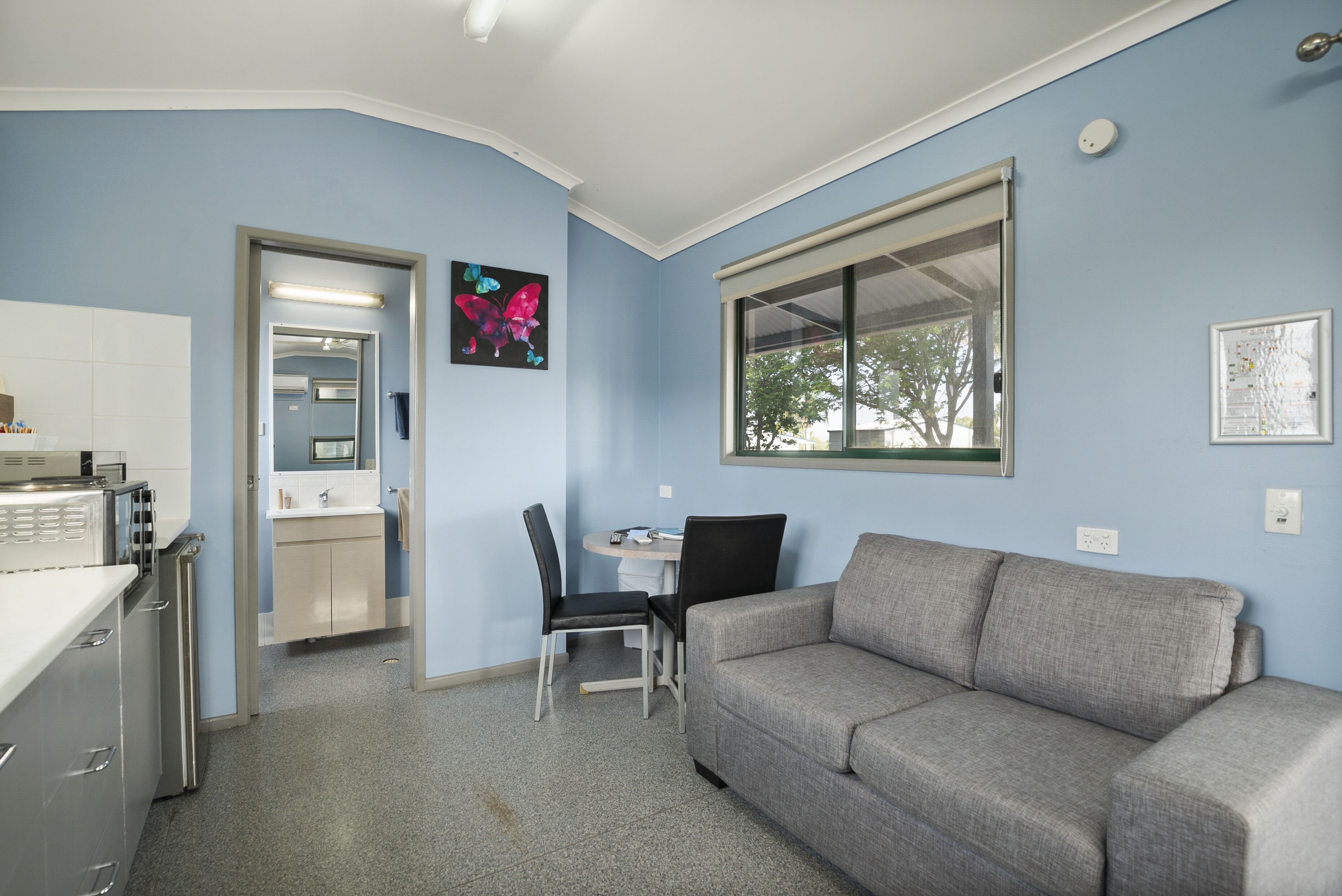 A compact room with a kitchenette, a gray sofa, a dining table with two chairs, and a window with a view of trees.
