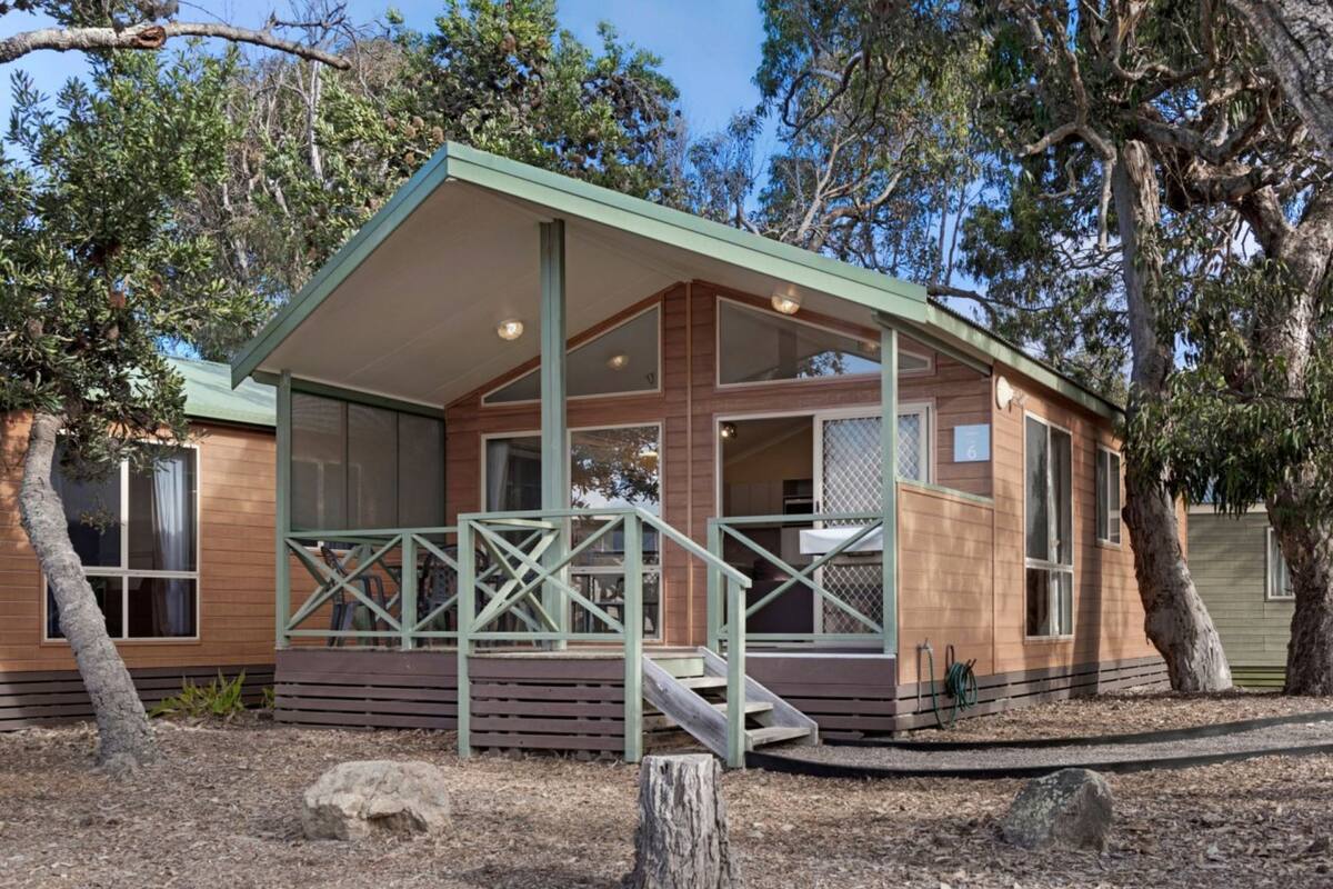 A single-story wooden cabin with a green roof, large windows, and a covered porch with a staircase.
