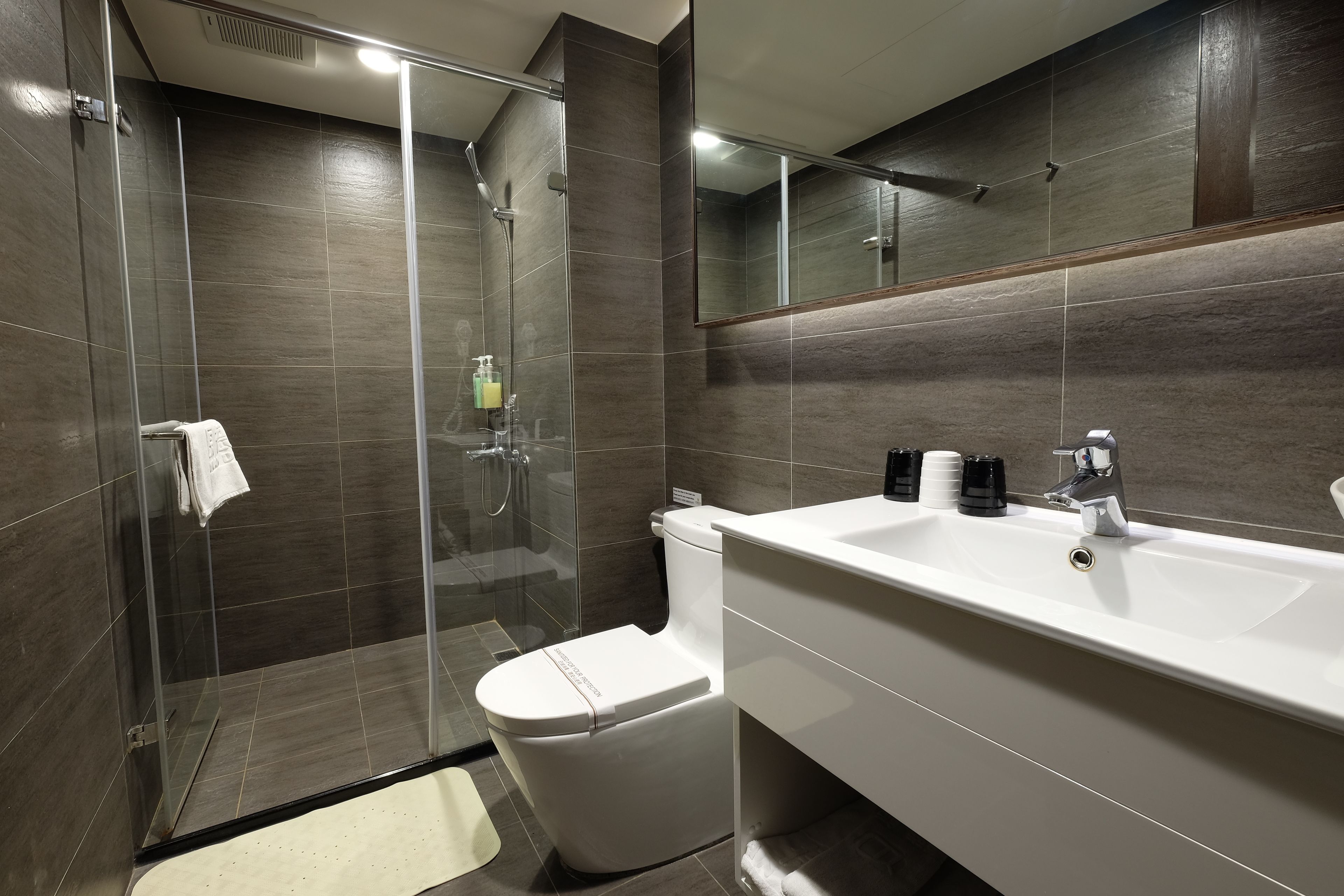 standard quadruple room, 2 double beds | bathroom | shower, rainfall showerhead, hair dryer, towels