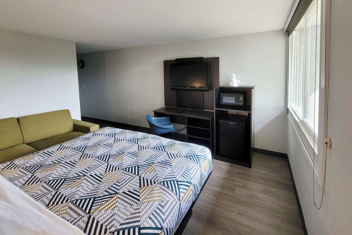 A hotel room with a bed, a sofa, a desk with a TV and microwave, and a window.