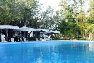 室外游泳池，池畔遮阳伞，日光浴躺椅