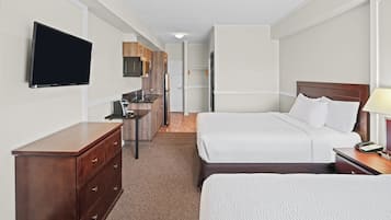 Hypo-allergenic bedding, desk, blackout drapes, soundproofing