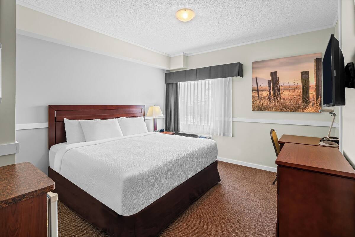 Une chambre d’hôtel avec un grand lit, un bureau, une chaise, une télévision et une fenêtre avec des rideaux.