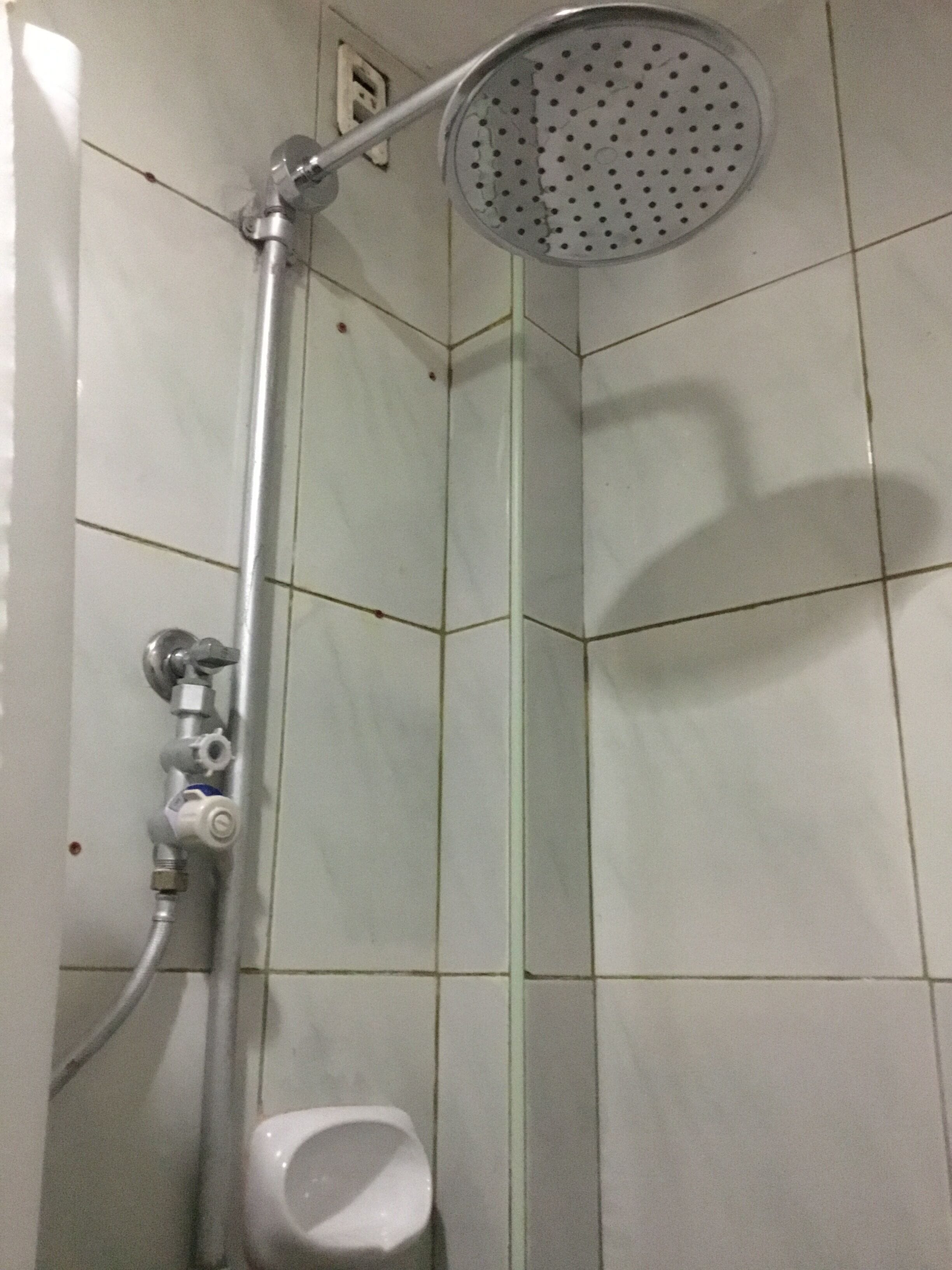 A shower with a handheld showerhead and a wall-mounted faucet.