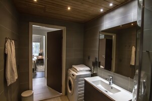 Shower, hair dryer, towels