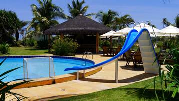 Outdoor pool, pool umbrellas, pool loungers