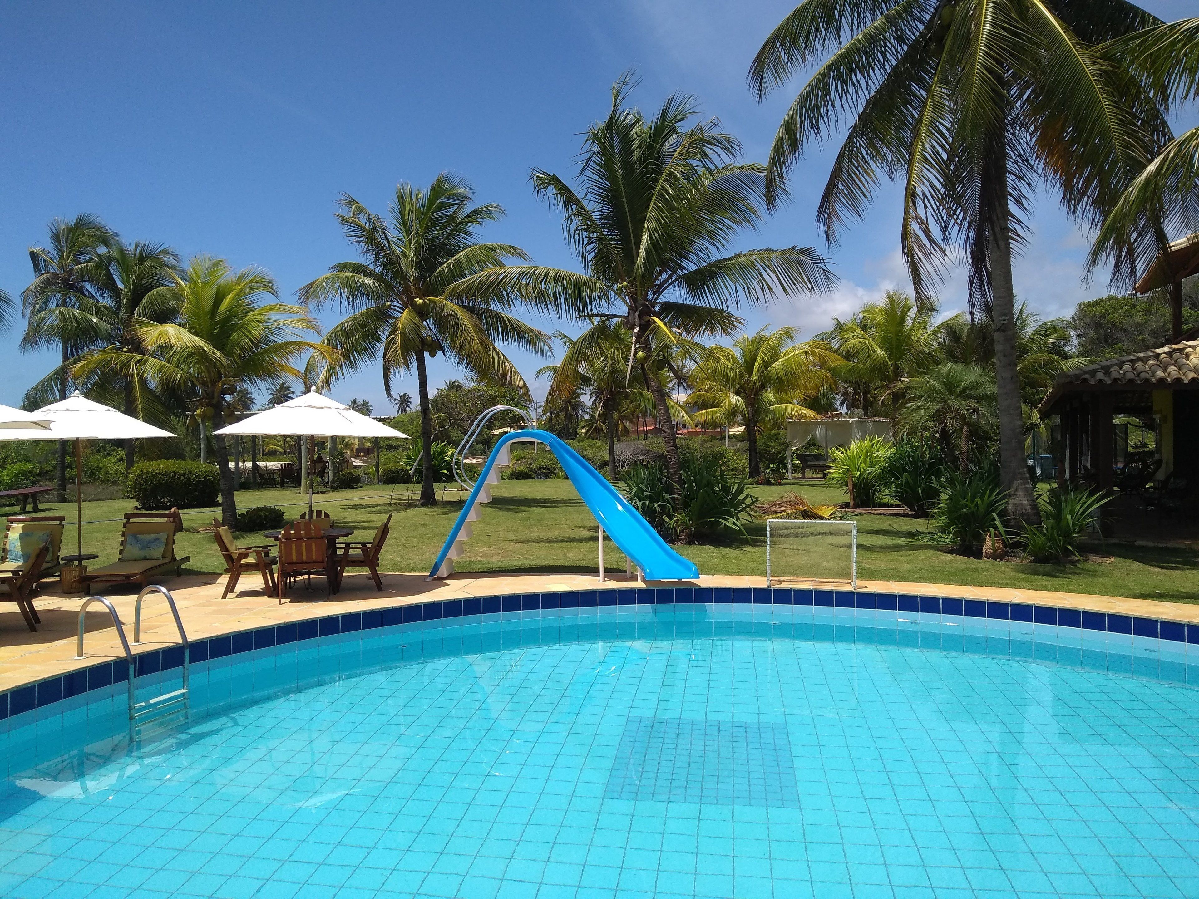 Una piscina al aire libre, sombrillas, sillones reclinables de piscina