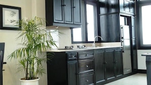A kitchen with dark cabinetry, a sink, and a refrigerator. There is a potted plant on the counter.