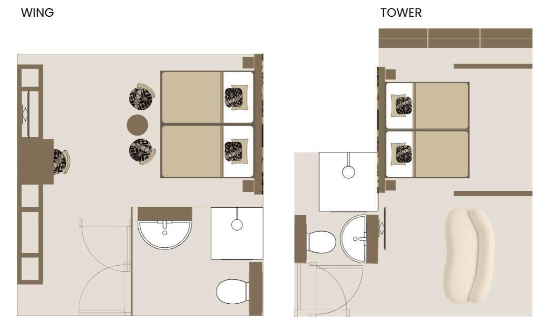 Two floor plans of a hotel wing and tower, each with a bathroom, a bed, a small table, and a chair.