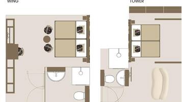 Dos planos de planta de un ala y una torre de hotel, cada uno con baño, cama, una mesita y una silla.