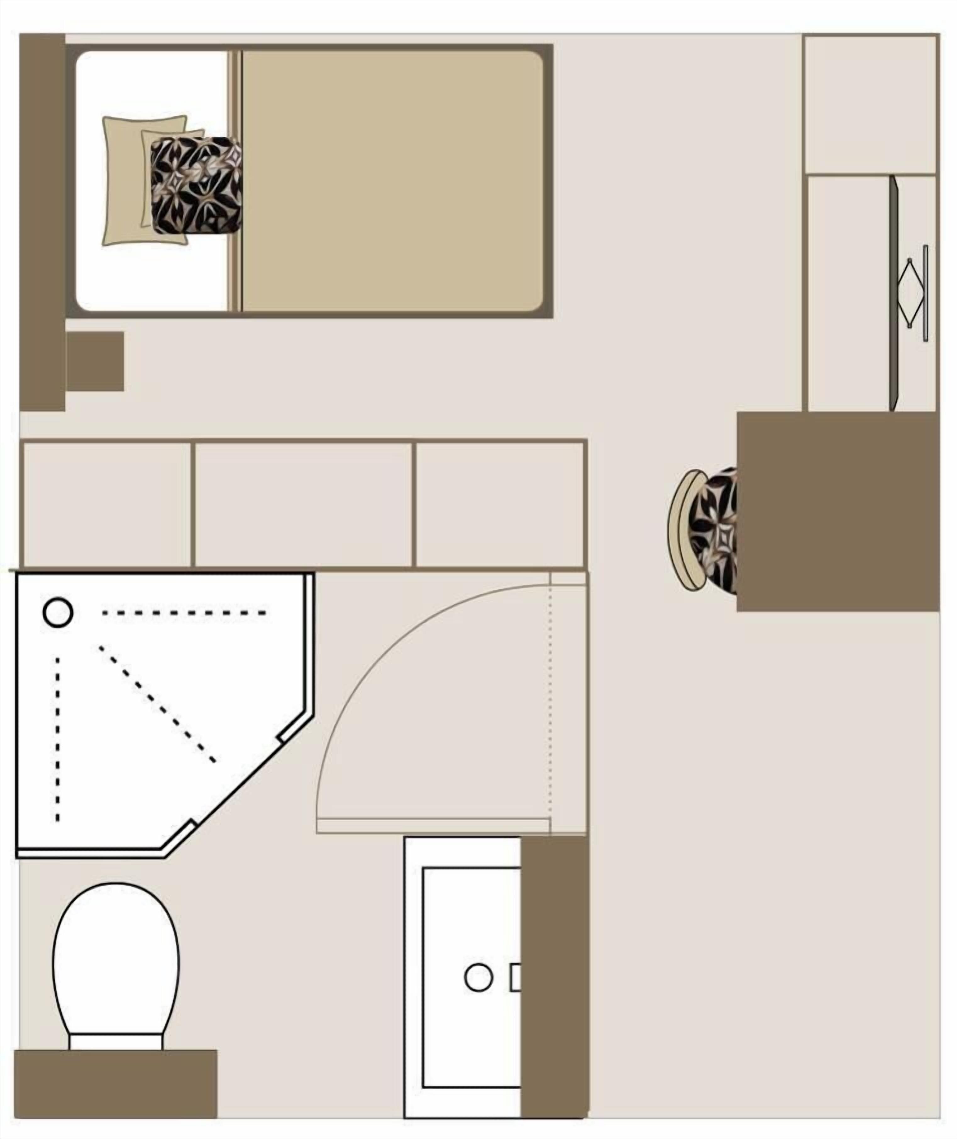 A floor plan of a hotel room with a bed, a desk, a chair, a wardrobe, and a bathroom.