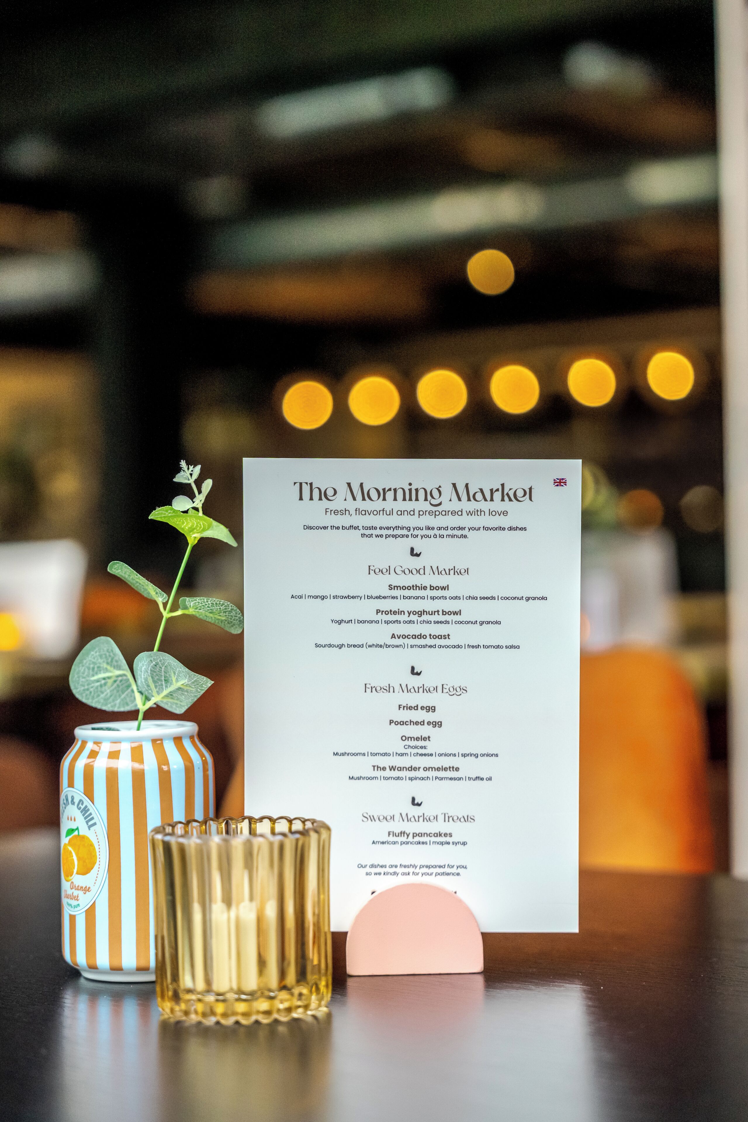A menu titled 'The Morning Market' with a list of breakfast items.