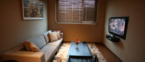 A living room with a sofa, coffee table, and TV.