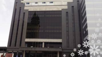 A modern building with a central glass facade and a symmetrical design.