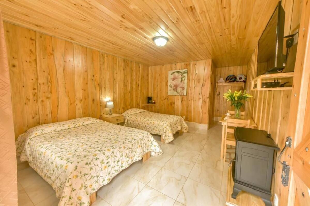 Ein Zimmer aus Holz mit zwei Betten, einem kleinen Tisch, einem Stuhl, einem Herd und einem Spiegel.