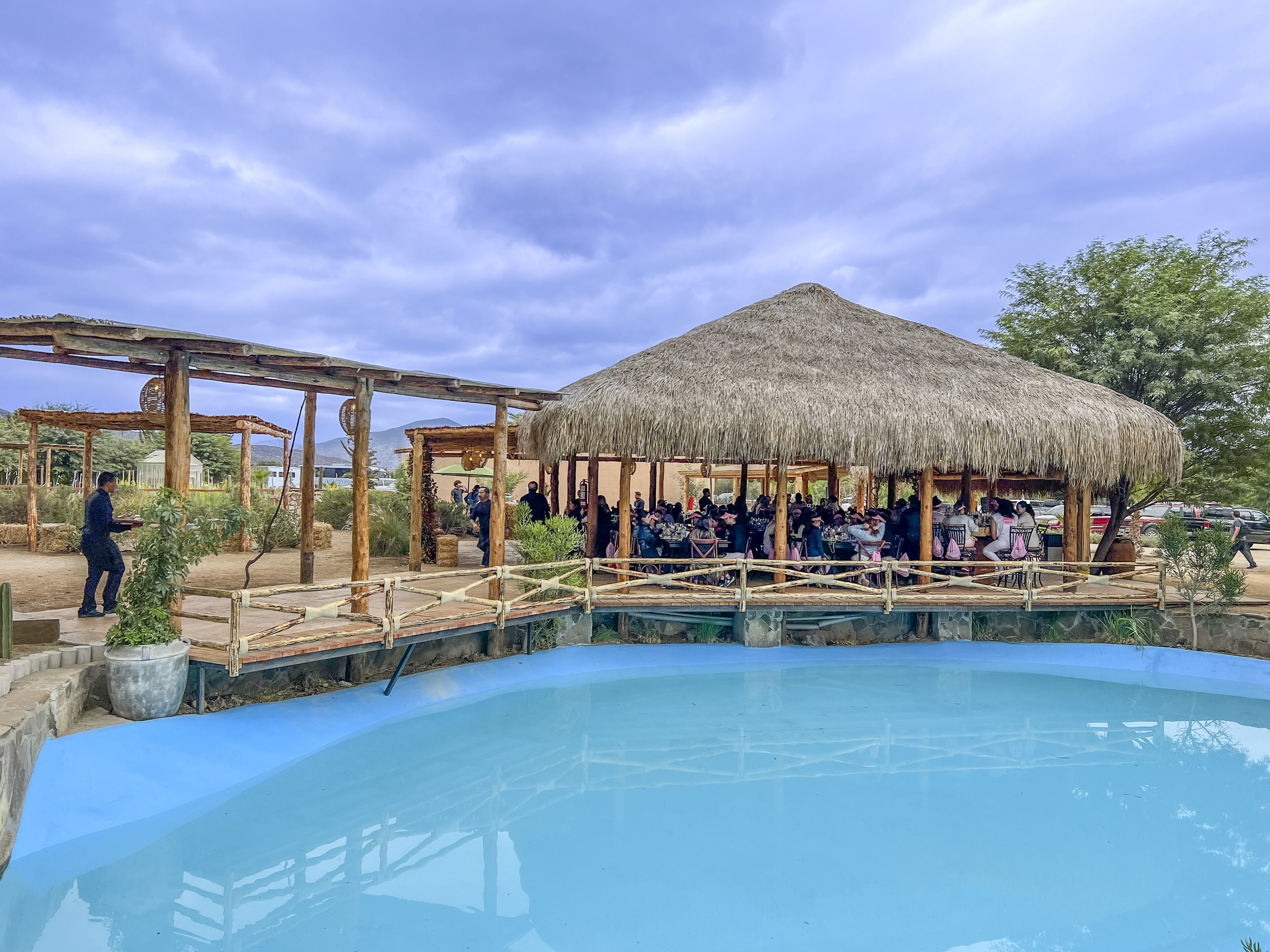 Un área de piscina con una estructura de techo de paja y pérgolas de madera.