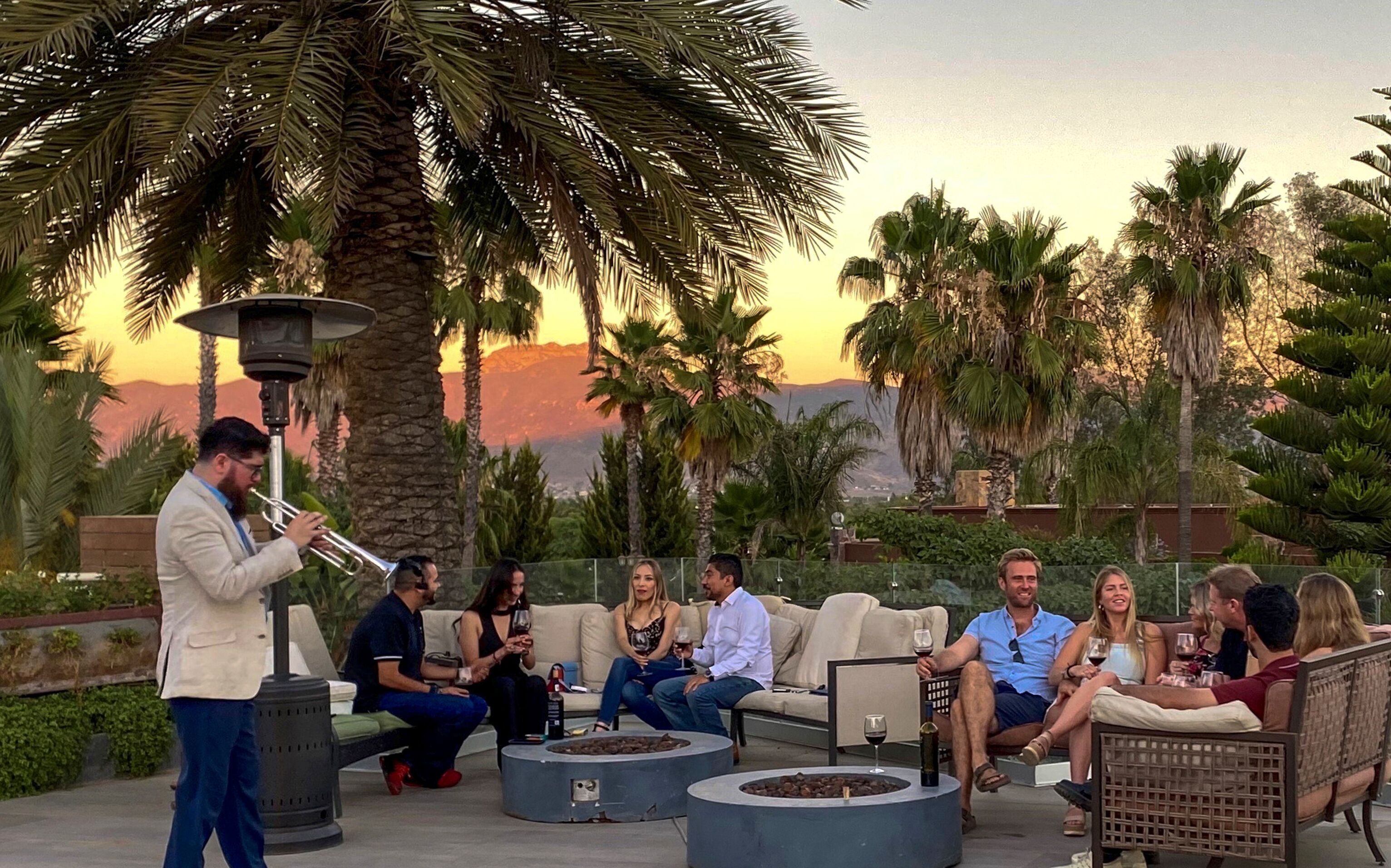 A group of people seated on outdoor furniture in a patio area with a musician performing.