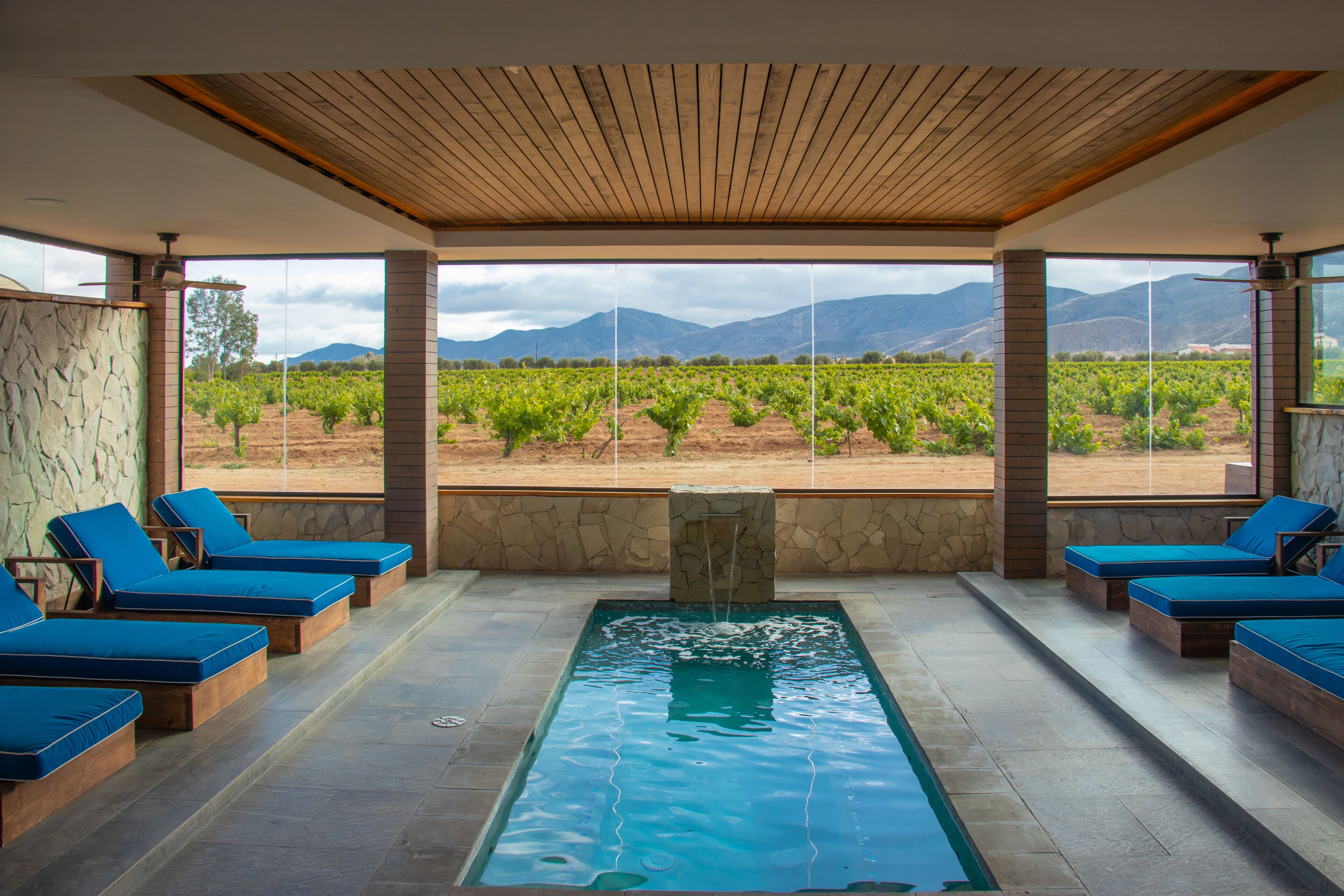 Zona de piscina con sillones azules, un muro de piedra y vistas a un viñedo.