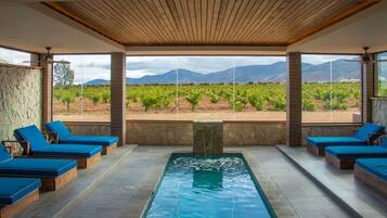 Zona de piscina con sillones azules, un muro de piedra y vistas a un viñedo.