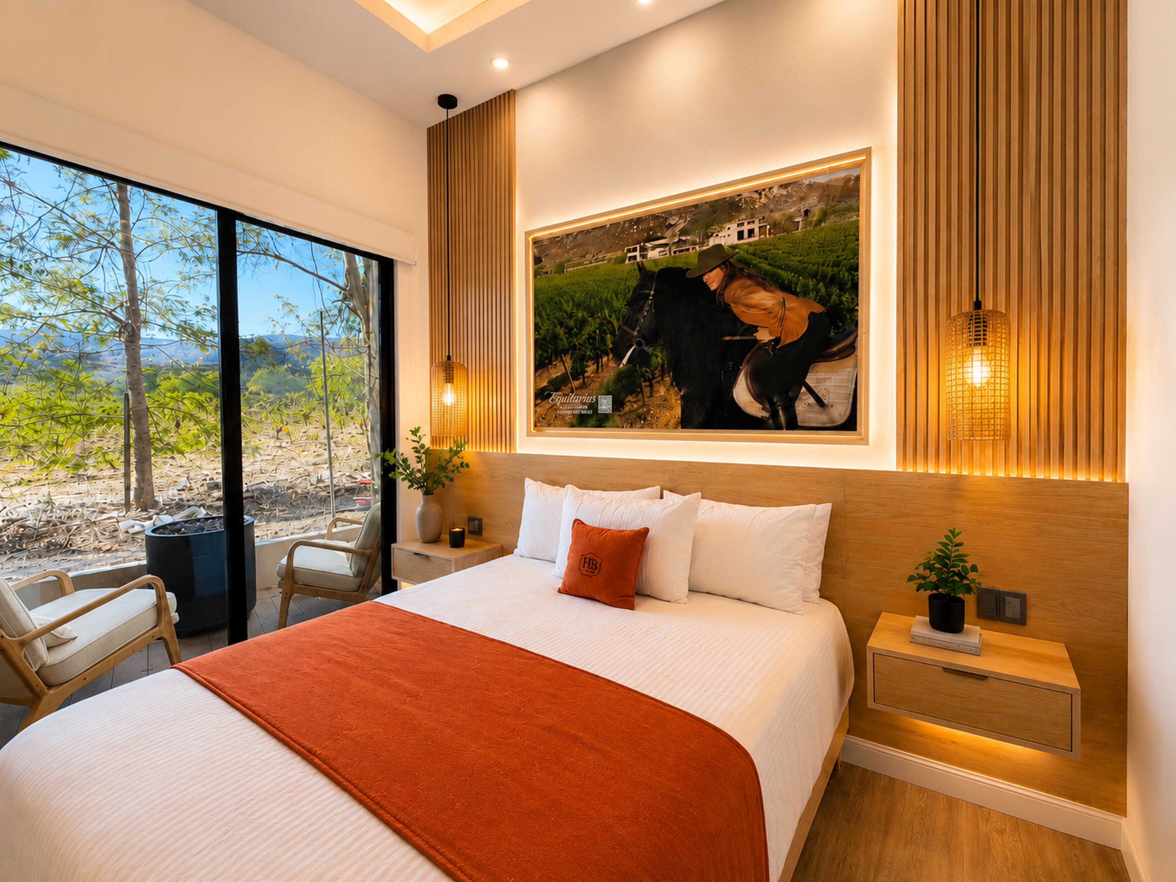Une chambre moderne avec un grand lit, une vue sur l’extérieur et un tableau accroché au mur.