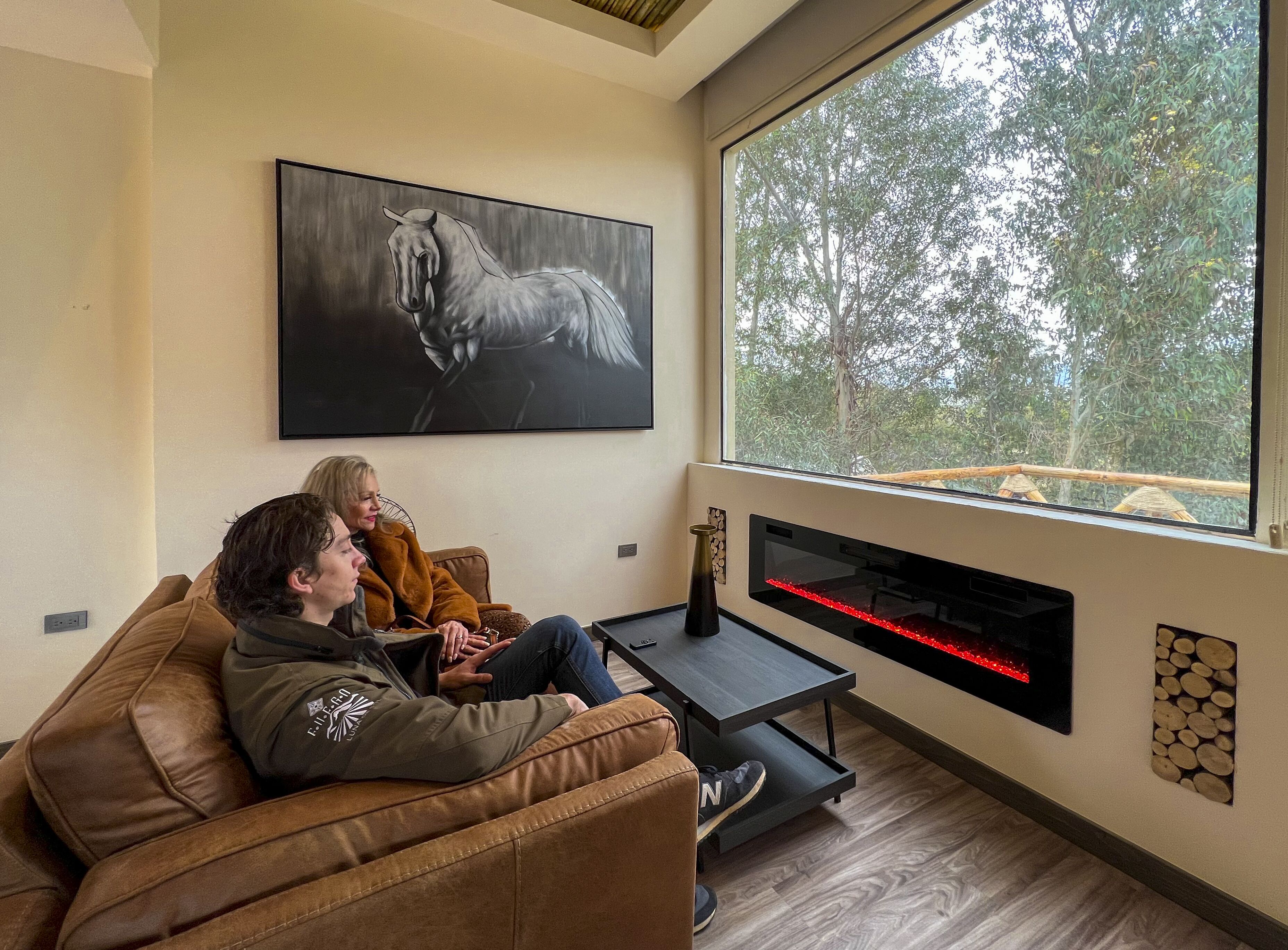 A modern living room with a large window, a fireplace, and a horse painting on the wall.