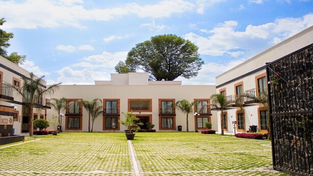 Un patio central con césped, rodeado de edificios de estilo arquitectónico moderno, con grandes ventanales y un árbol destacado al fondo.