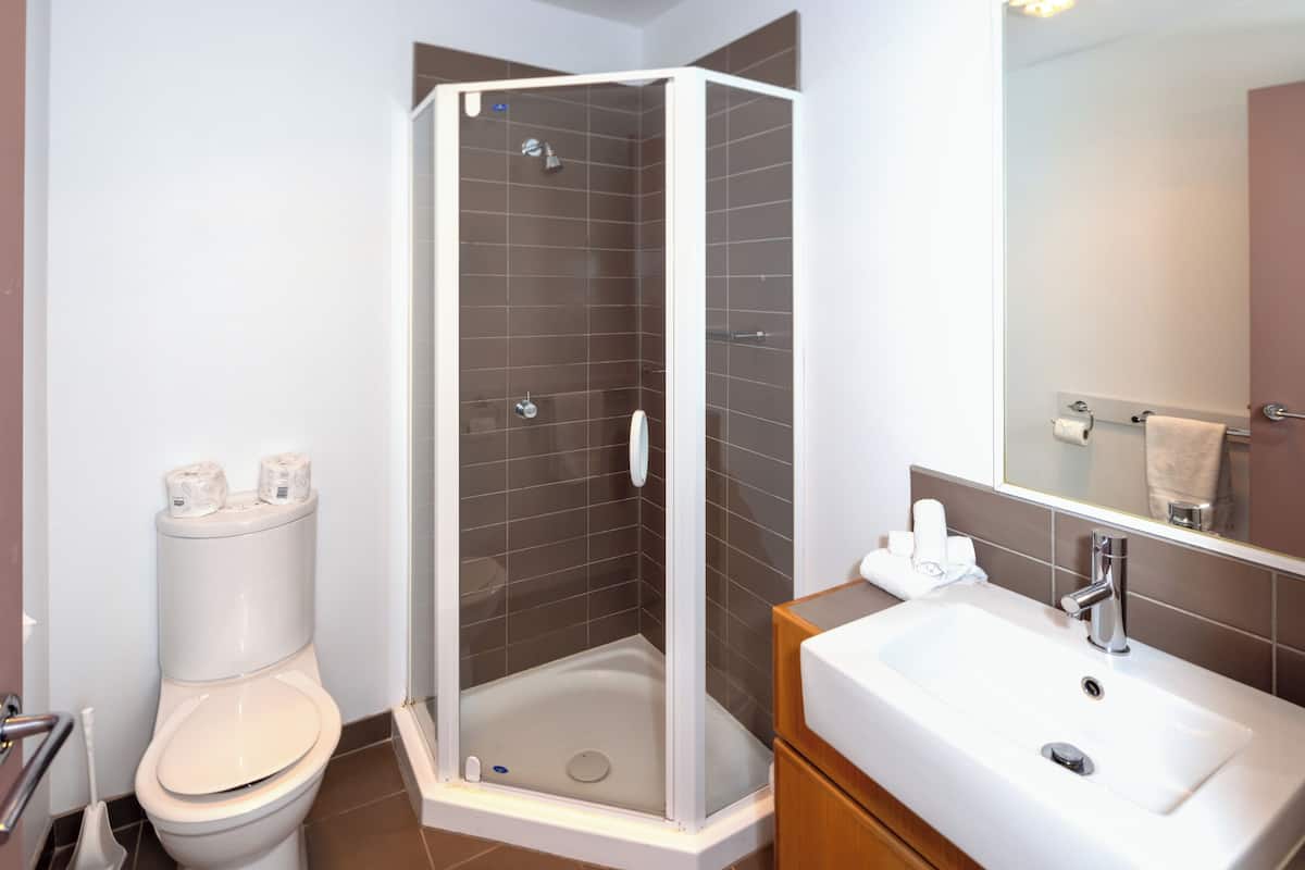 twin room | bathroom | shower, free toiletries, hair dryer, towels