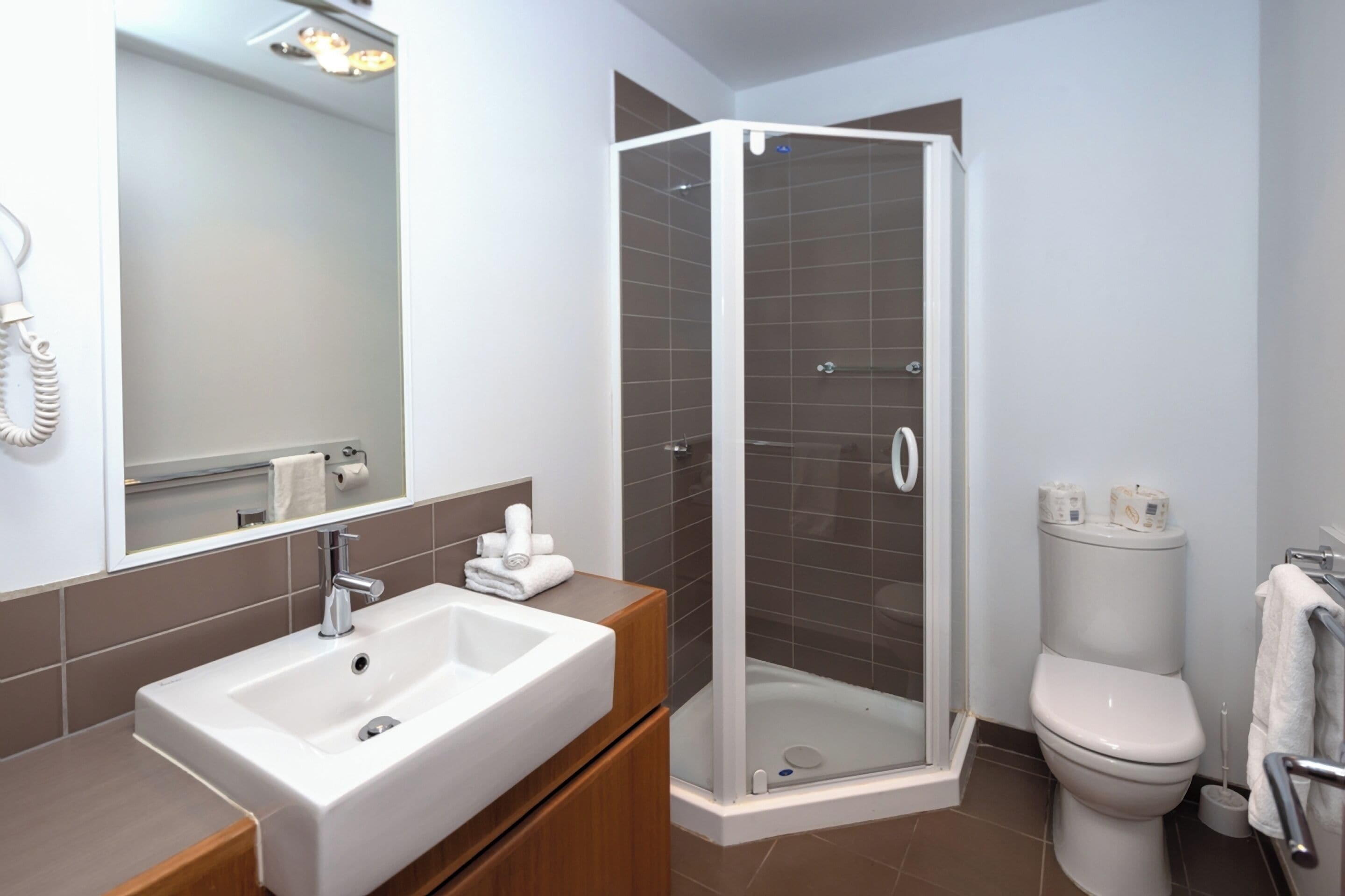 queen room | bathroom | shower, free toiletries, hair dryer, towels