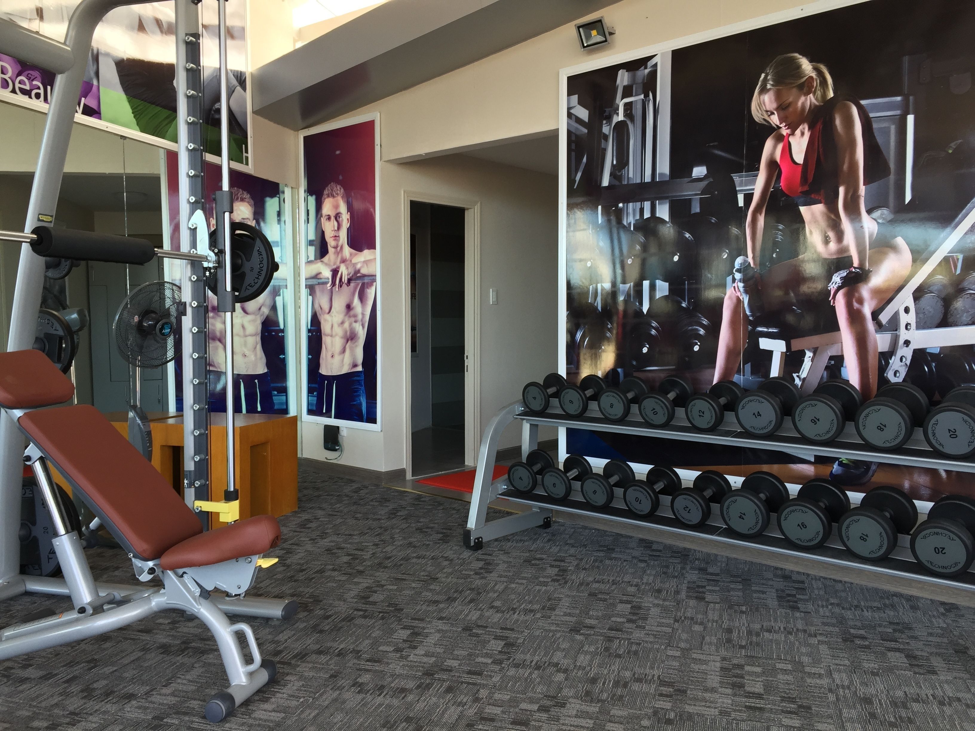 A gym with exercise equipment, a bench, and a rack of dumbbells.
