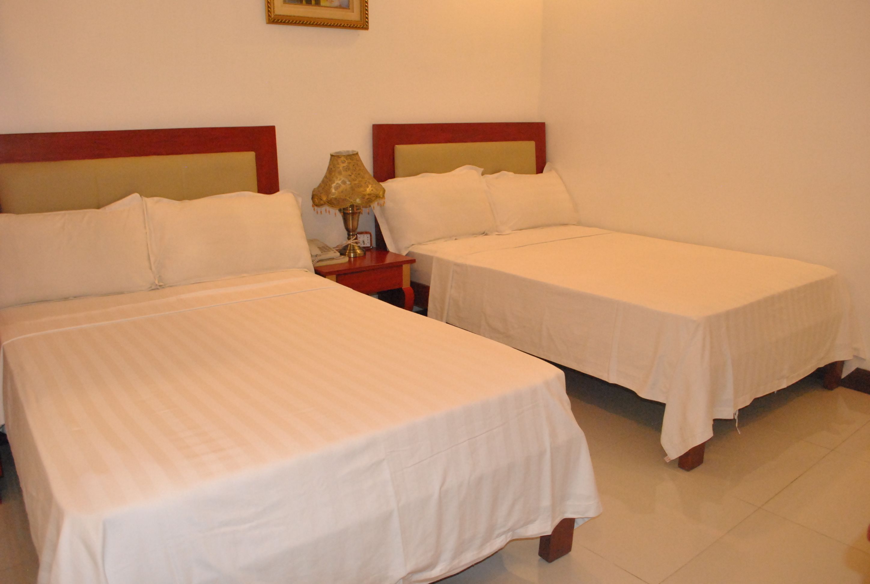 Dos camas individuales con ropa de cama blanca, cabeceros de madera y una mesita de noche con lámpara.