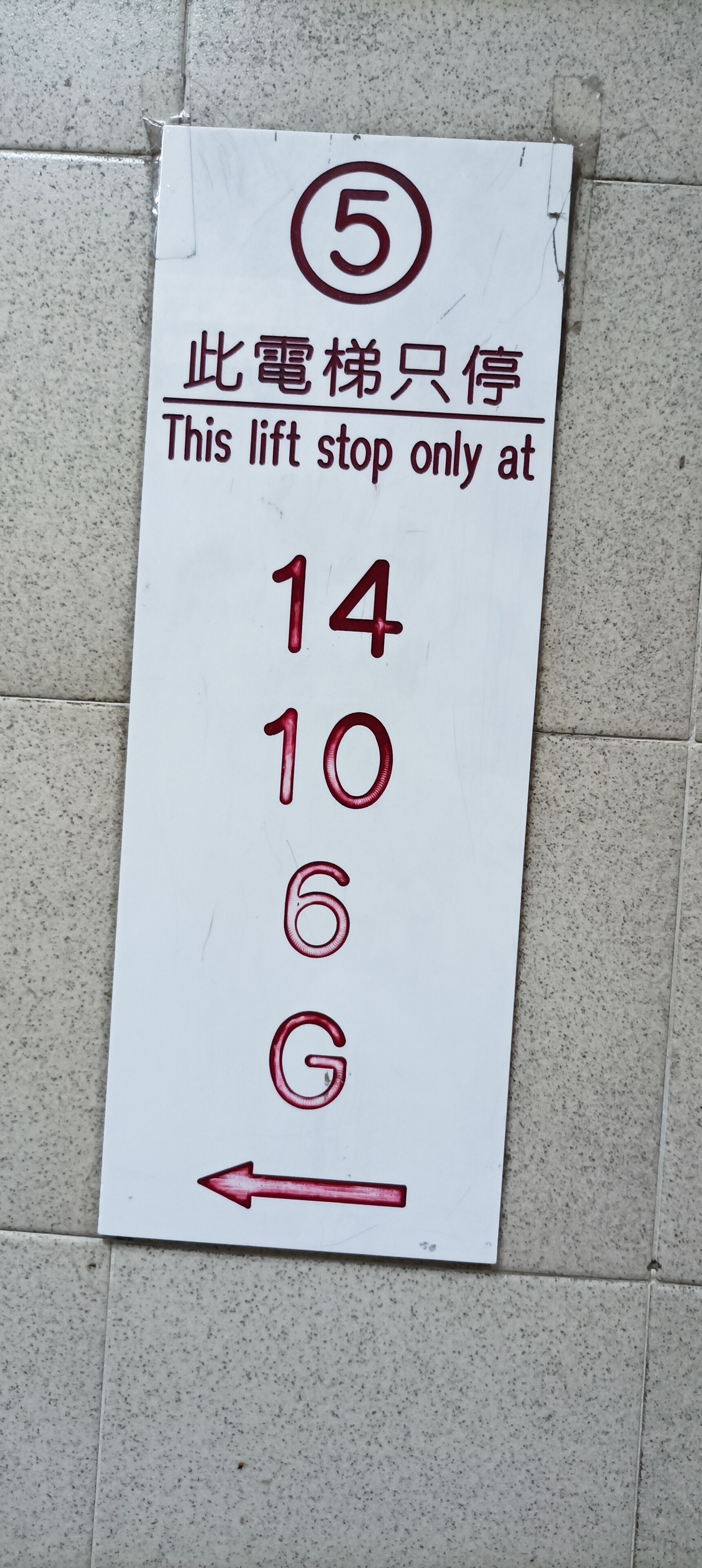 A sign with numbers and an arrow indicating a lift stop at 14, 10, and 6.
