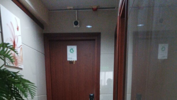 A hallway with a wooden door, a potted plant, and a tiled floor. - Well Yet Guest House (Kowloon)