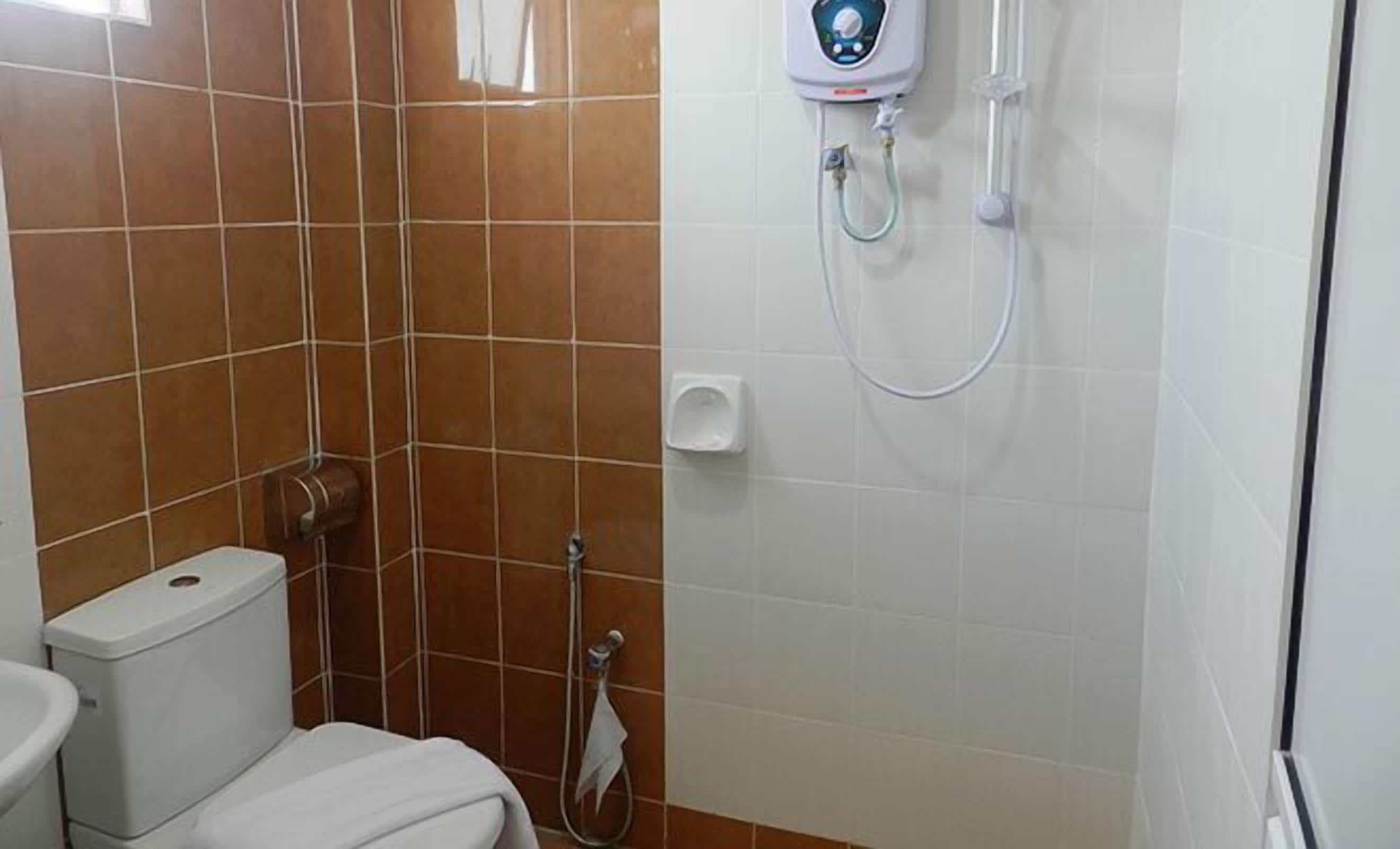 Combined shower/tub, hair dryer, bidet, towels