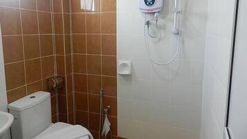 Combined shower/tub, hair dryer, bidet, towels