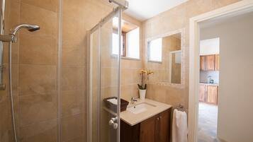 A bathroom with a glass shower enclosure, a sink with a mirror, and a potted orchid.