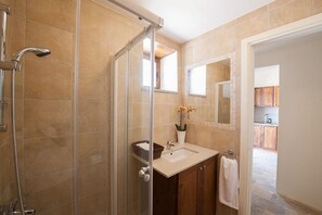 Une salle de bain avec une douche à parois de verre, un lavabo avec un miroir et une orchidée en pot.