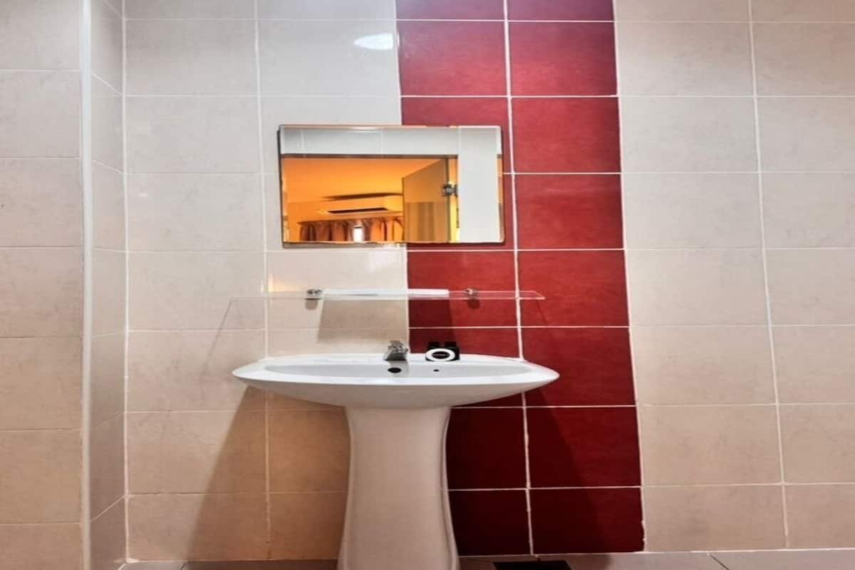 Vierpersoonskamer | Badkamer | Een douche, een haardroger, een bidet, handdoeken