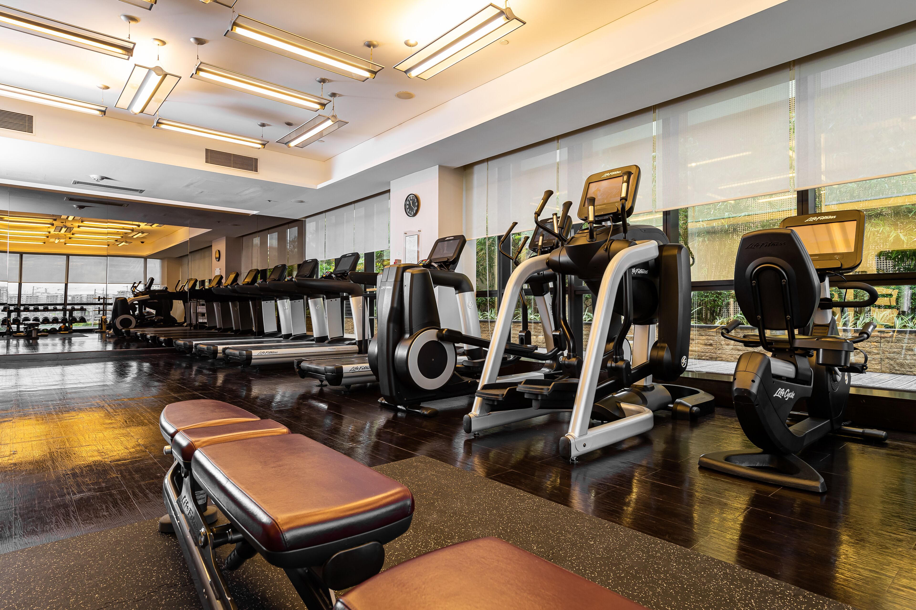 A gym with treadmills, elliptical machines, and weight stations.