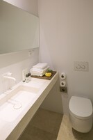 Un bagno moderno con un lavandino capiente, un water e uno specchio.