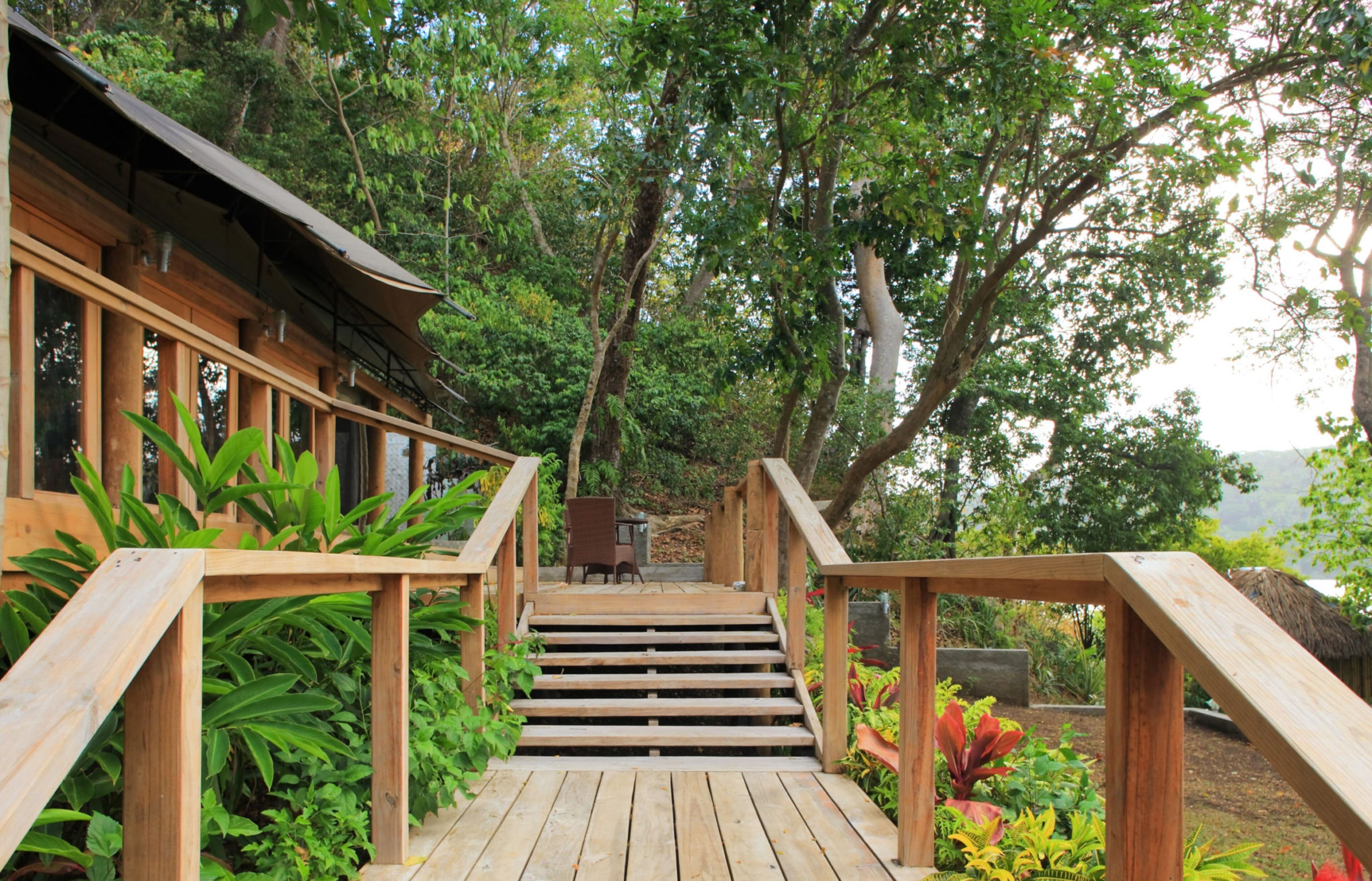 Una escalera de madera que conduce a una terraza con una mesa y sillas, rodeada de abundante vegetación.