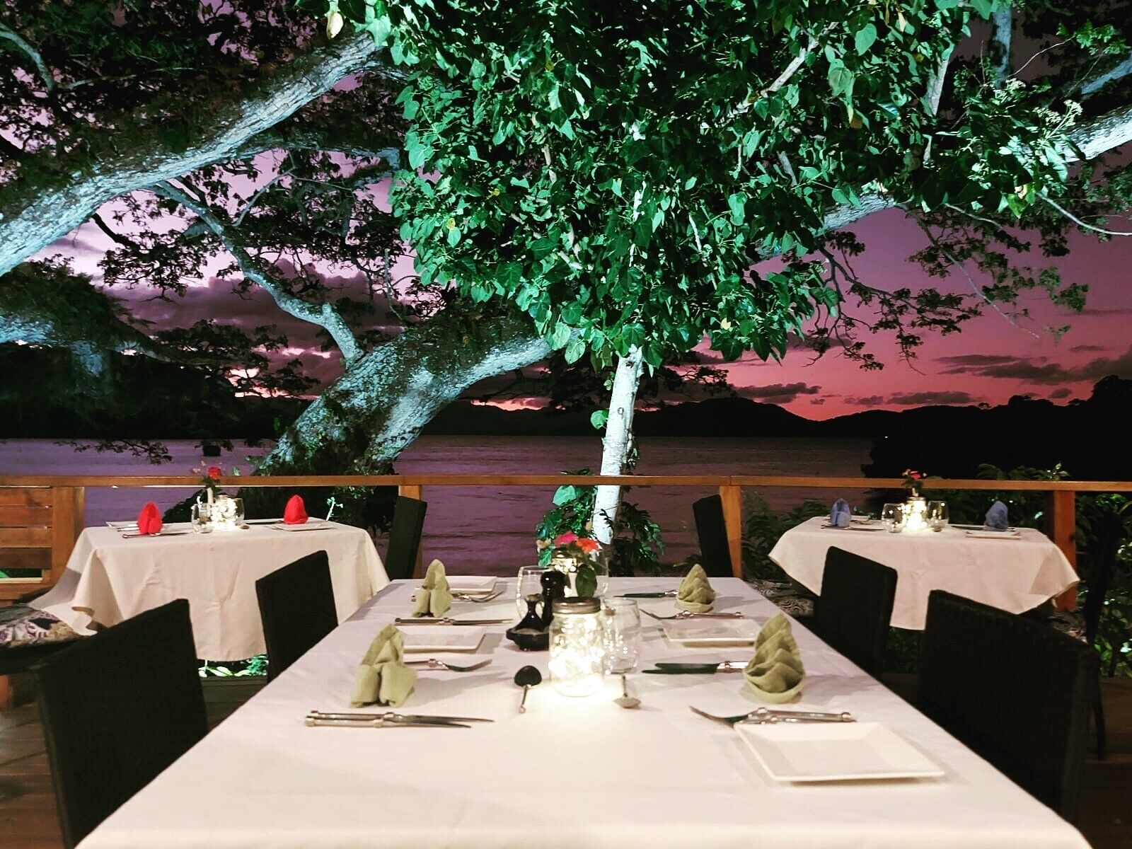 An outdoor dining area with tables set for a meal, surrounded by trees and a scenic view.
