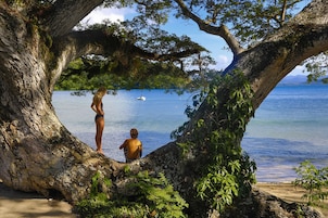En la playa, sillas reclinables de playa, toallas de playa, buceo